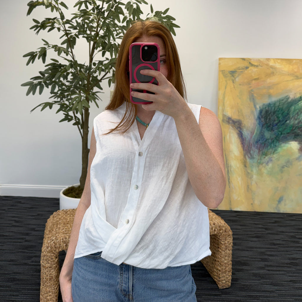 Button Down Front Twist Sleeveless Linen Top