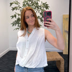 Button Down Front Twist Sleeveless Linen Top