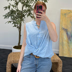 Button Down Front Twist Sleeveless Linen Top