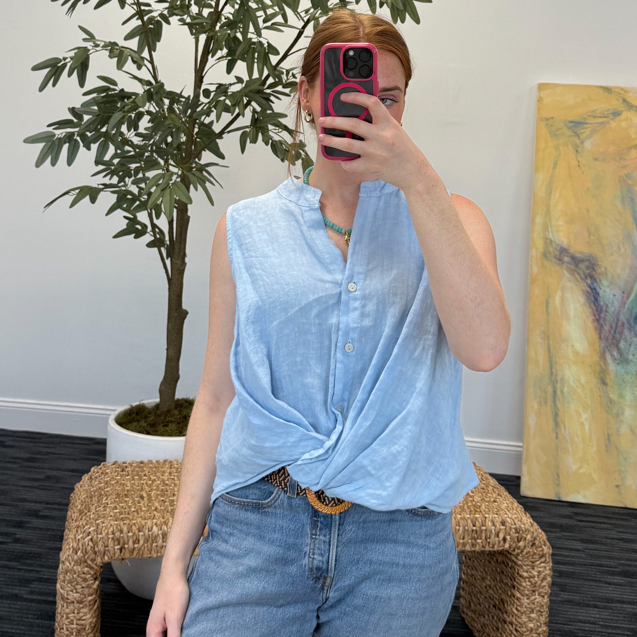 Button Down Front Twist Sleeveless Linen Top