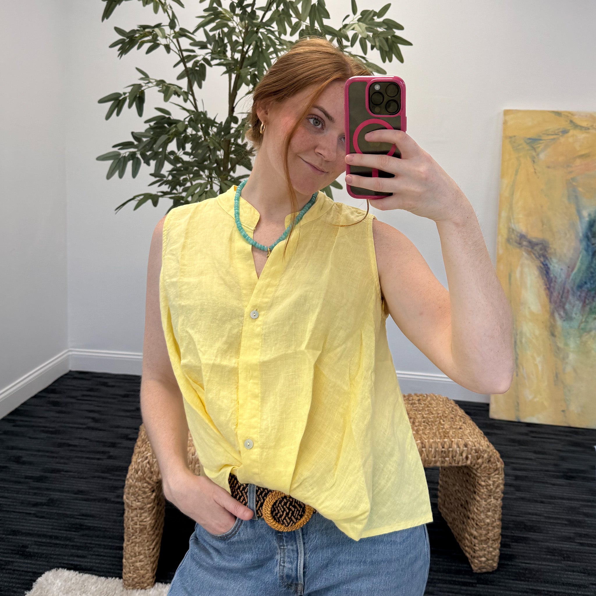 Button Down Front Twist Sleeveless Linen Top