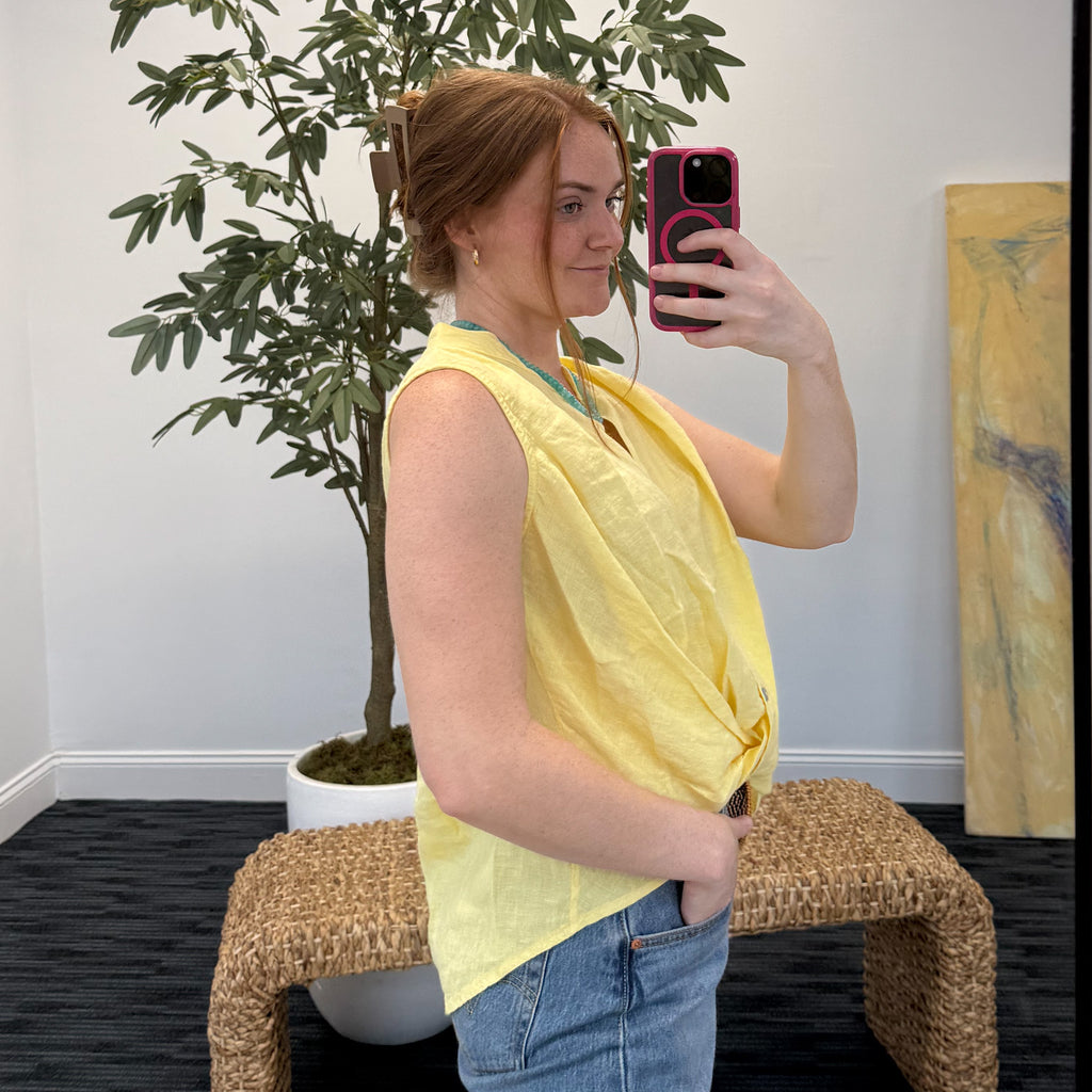 Button Down Front Twist Sleeveless Linen Top