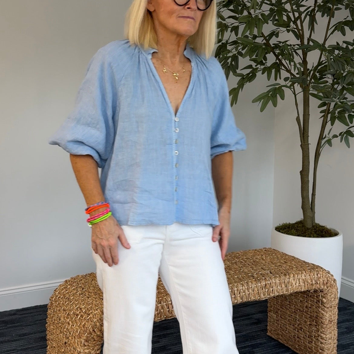 Linen Balloon Sleeve V-Neck Blouse