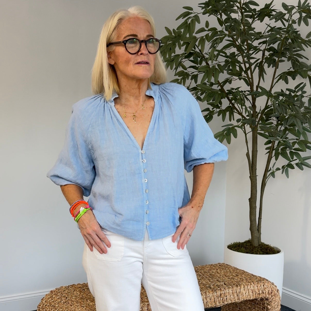 Linen Balloon Sleeve V-Neck Blouse