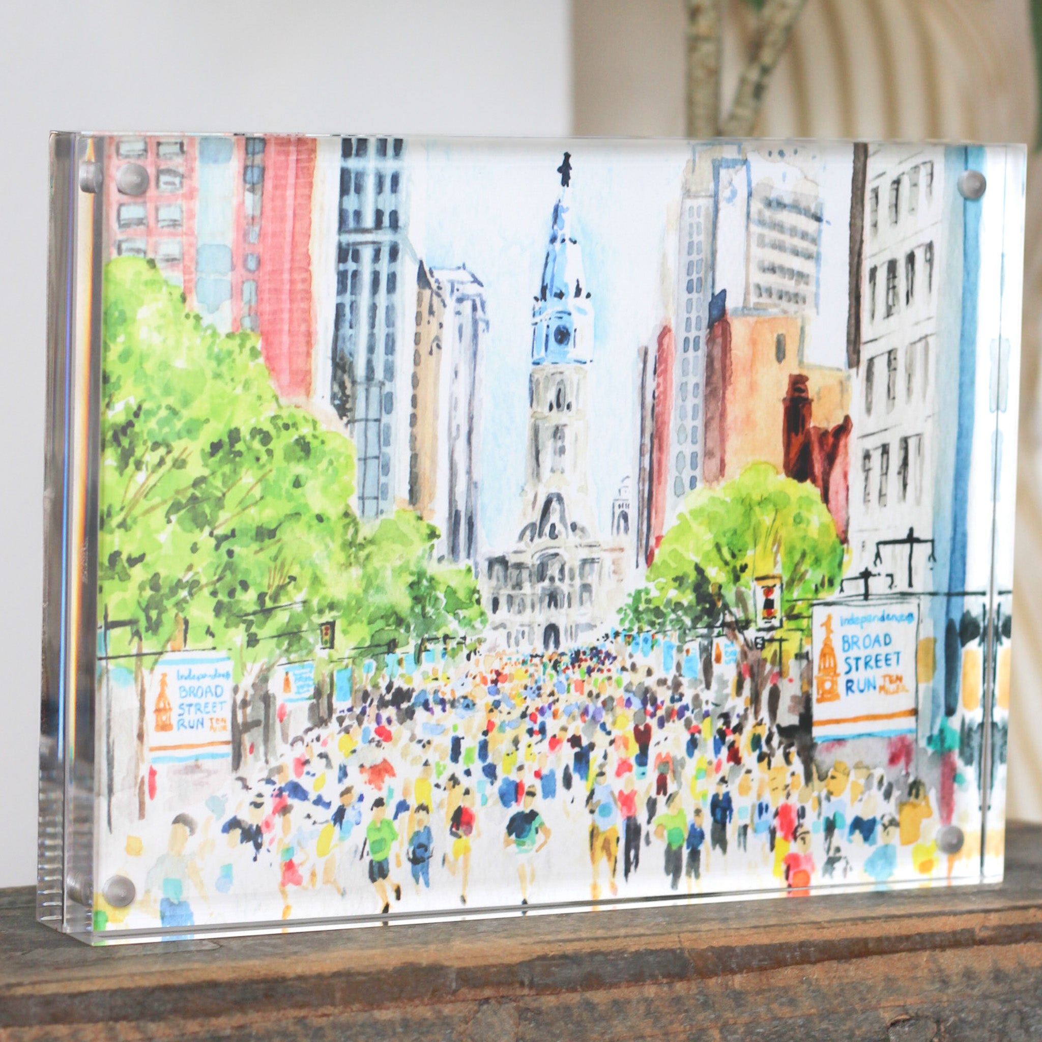 City Hall Broad Street Run Watercolor 6x8 Acrylic Art Block Secondary image