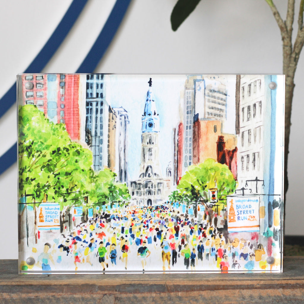 City Hall Broad Street Run Watercolor 6x8 Acrylic Art Block
