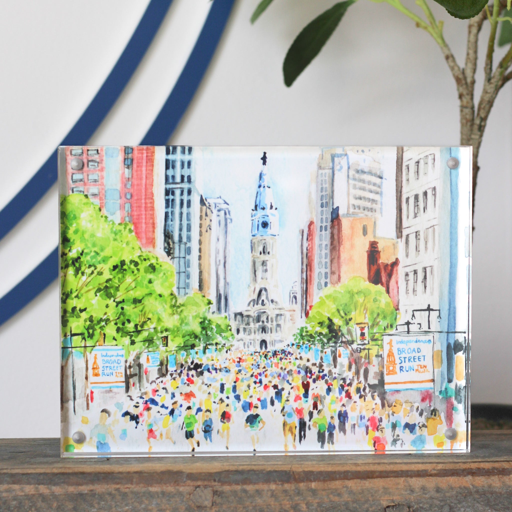 City Hall Broad Street Run Watercolor 6x8 Acrylic Art Block Main image