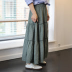 Linen Smocked Waist Pom Pom Trim Maxi Skirt