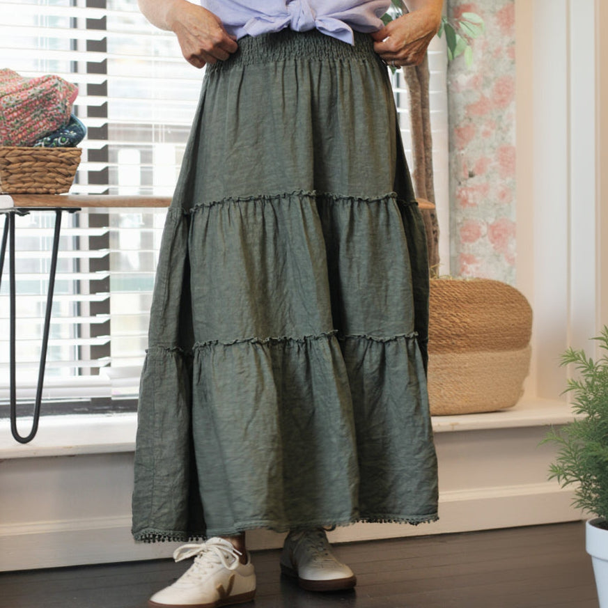 Linen Smocked Waist Pom Pom Trim Maxi Skirt