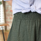 Linen Smocked Waist Pom Pom Trim Maxi Skirt