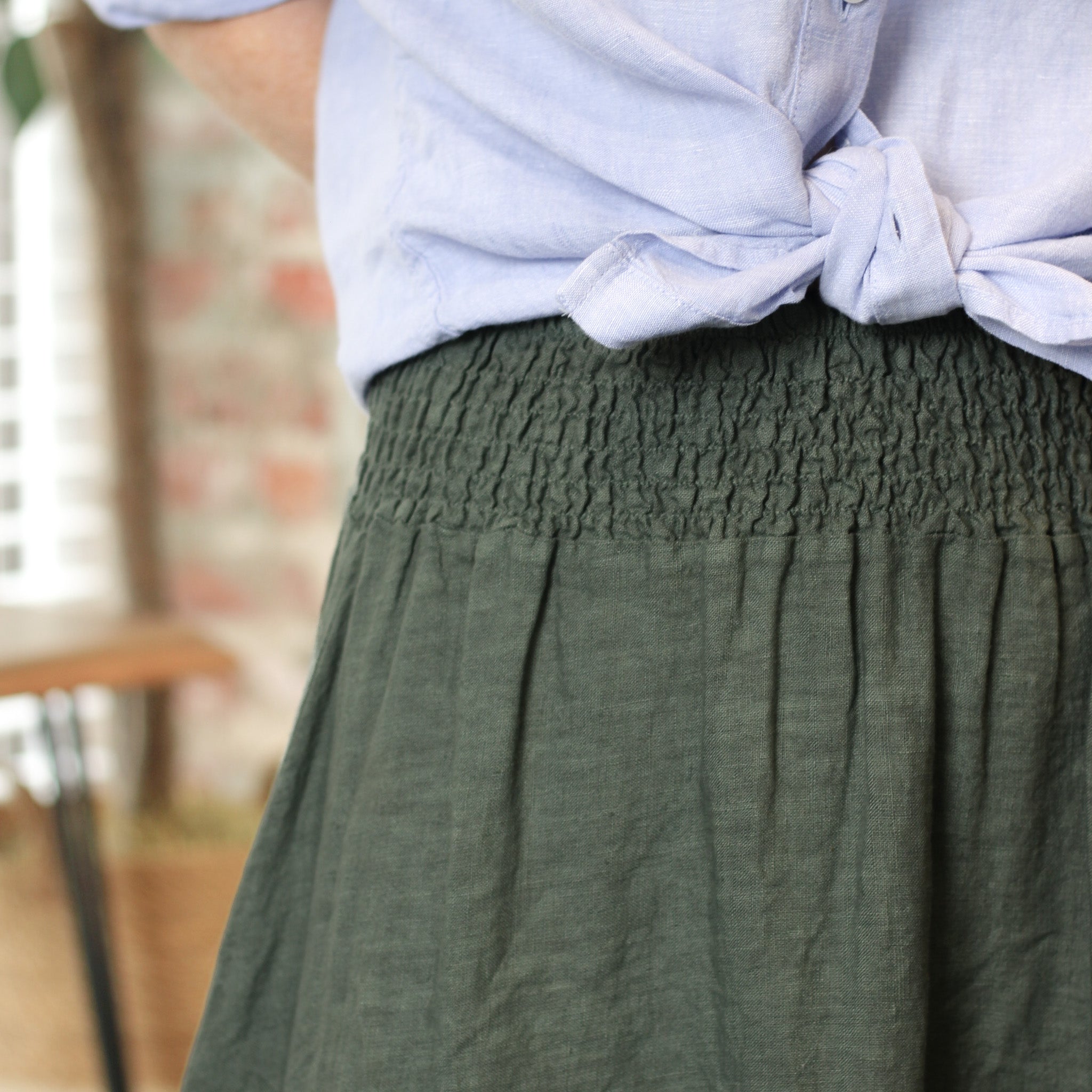 Linen Smocked Waist Pom Pom Trim Maxi Skirt
