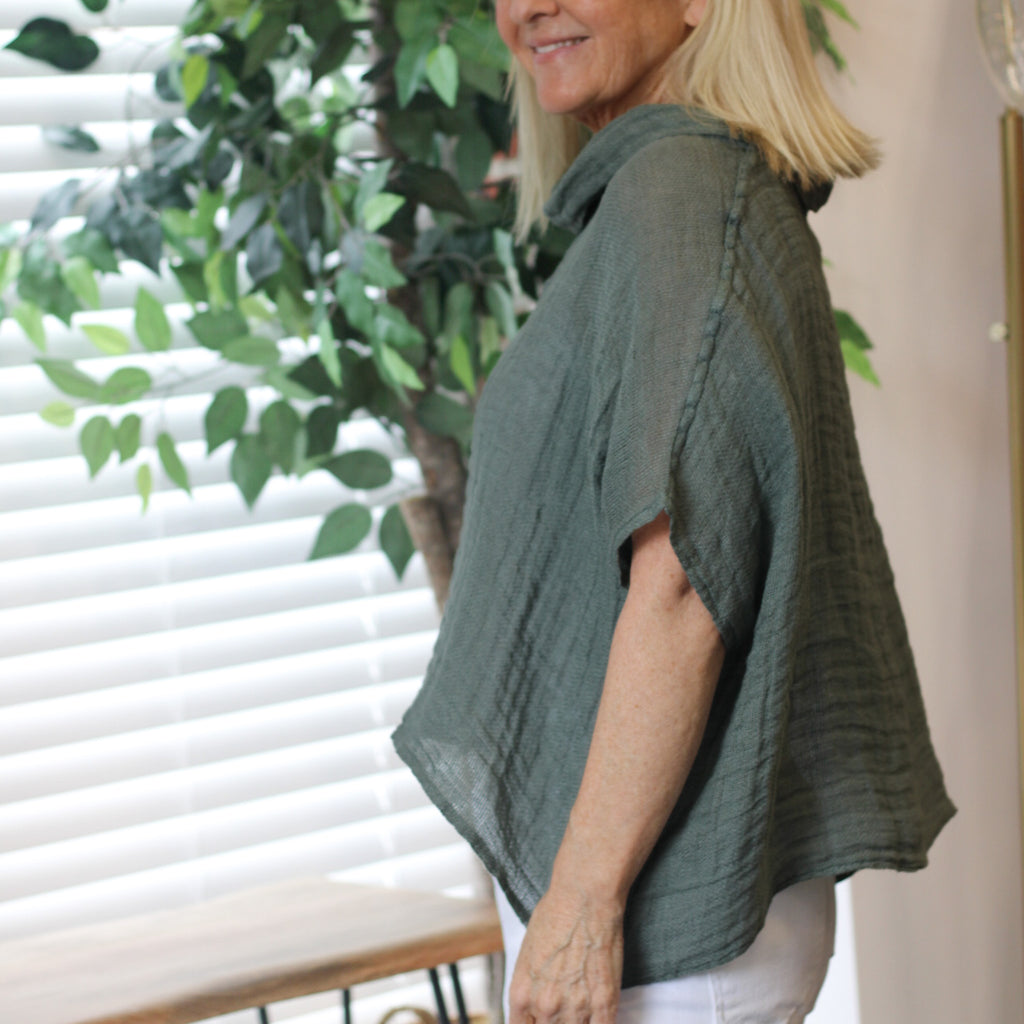 Linen Cowl Neck Knit Top