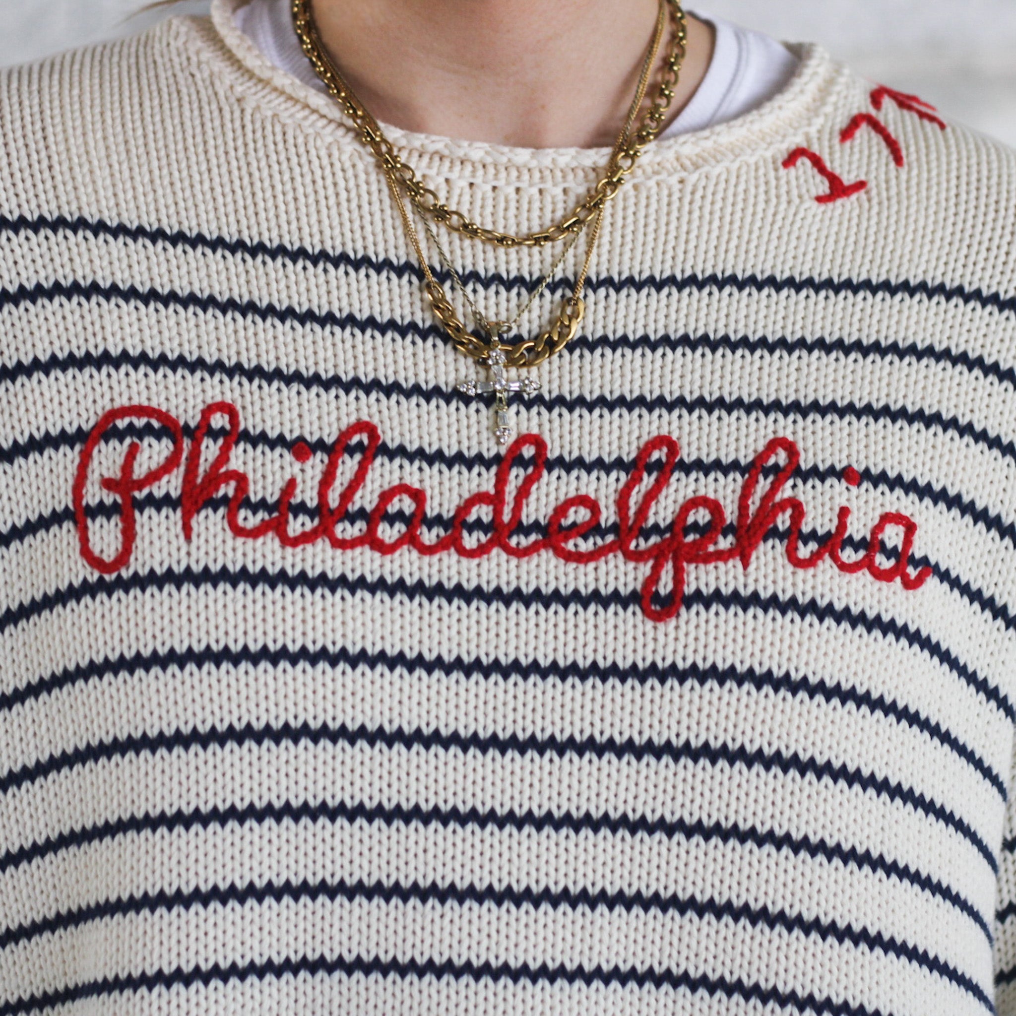 Philadelphia Embroidered Striped Cotton Rollneck