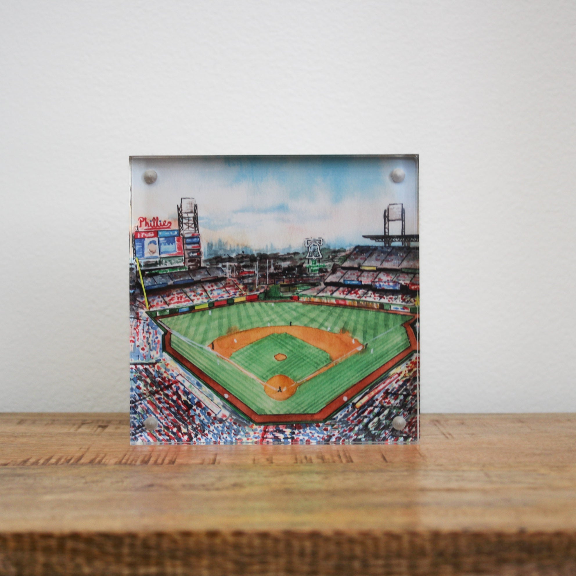 Double-sided acrylic block displaying colorful illustration of Citizens Bank Park baseball stadium with Phillies signage and… Main image