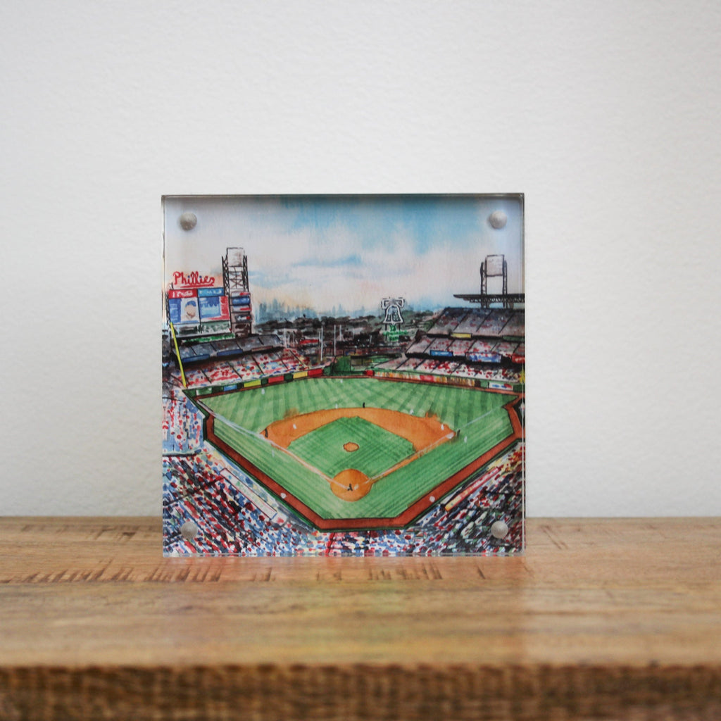 Double-sided acrylic block displaying colorful illustration of Citizens Bank Park baseball stadium with Phillies signage and…