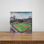Double-sided acrylic block displaying colorful illustration of Citizens Bank Park baseball stadium with Phillies signage and…