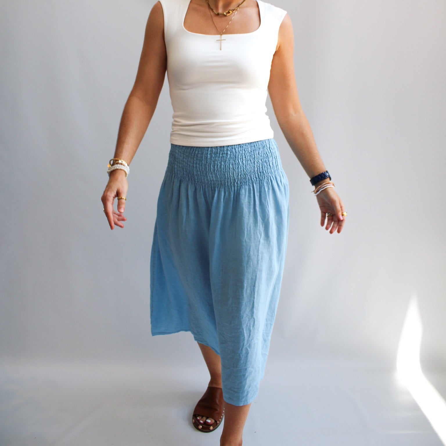 Linen Shirred Waist A-Line Skirt