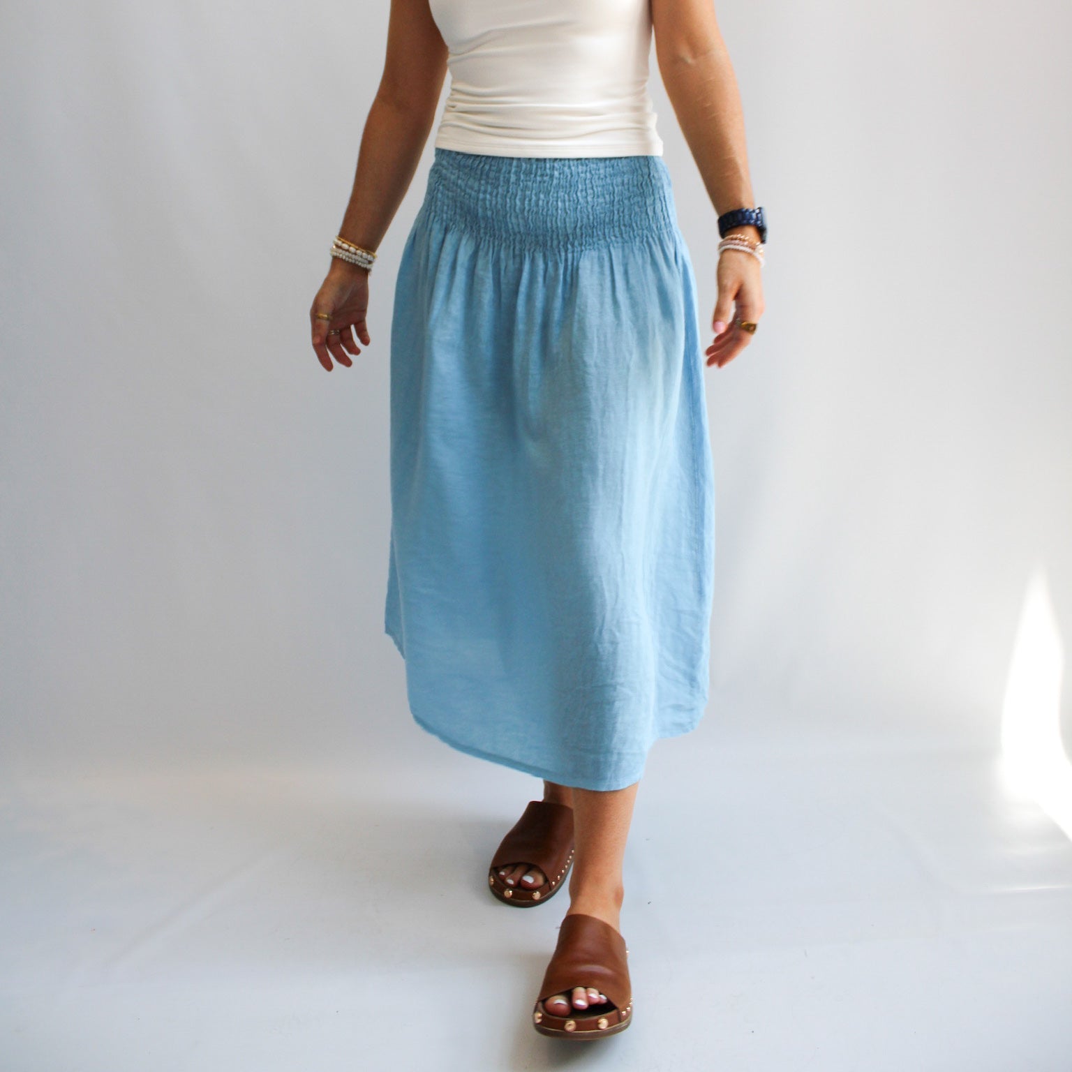 Linen Shirred Waist A-Line Skirt