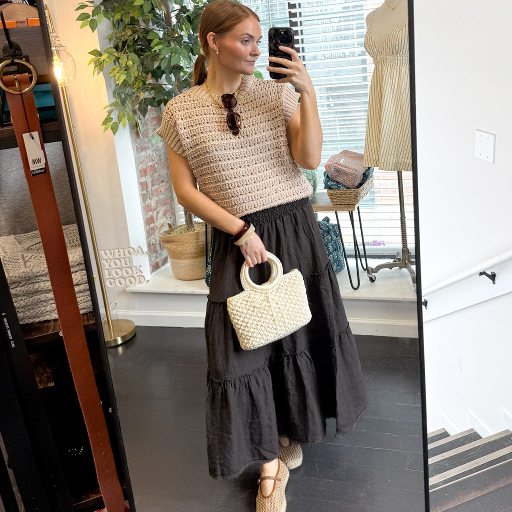 Linen Smocked Waist Pom Pom Trim Maxi Skirt
