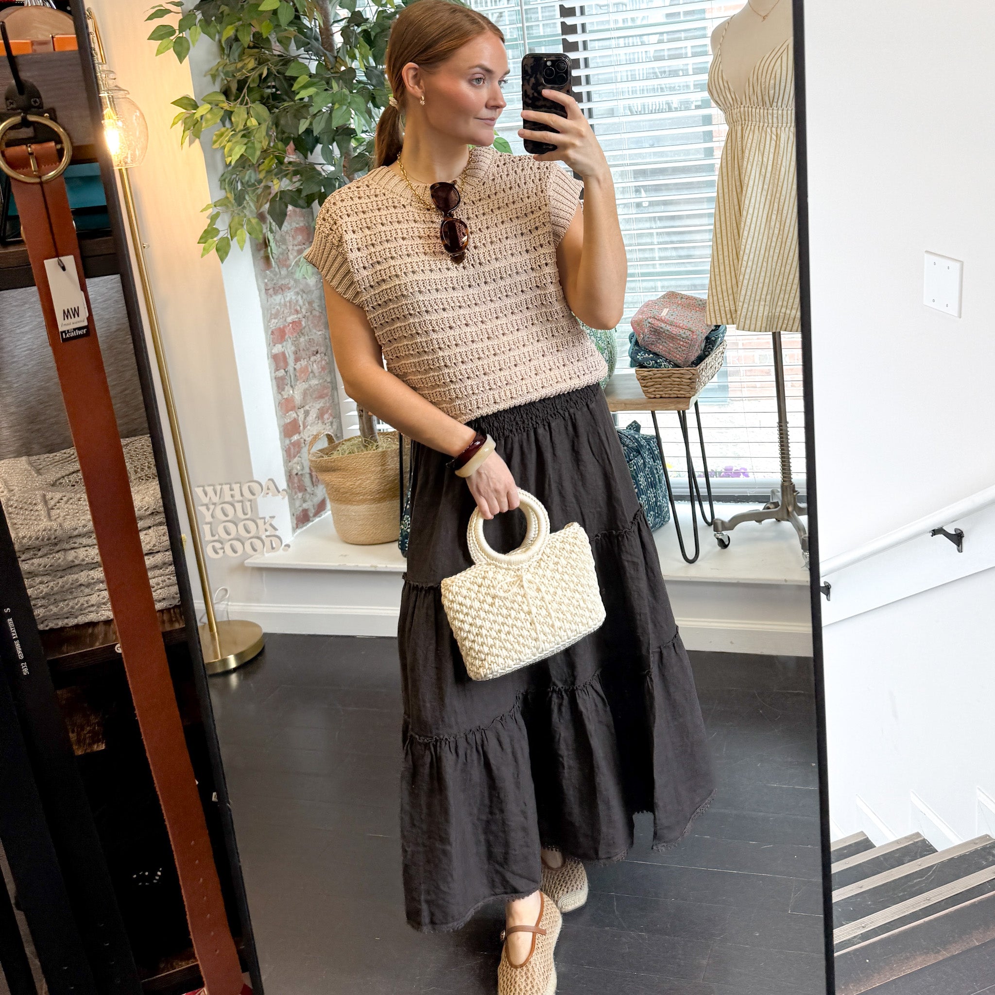 Linen Smocked Waist Pom Pom Trim Maxi Skirt