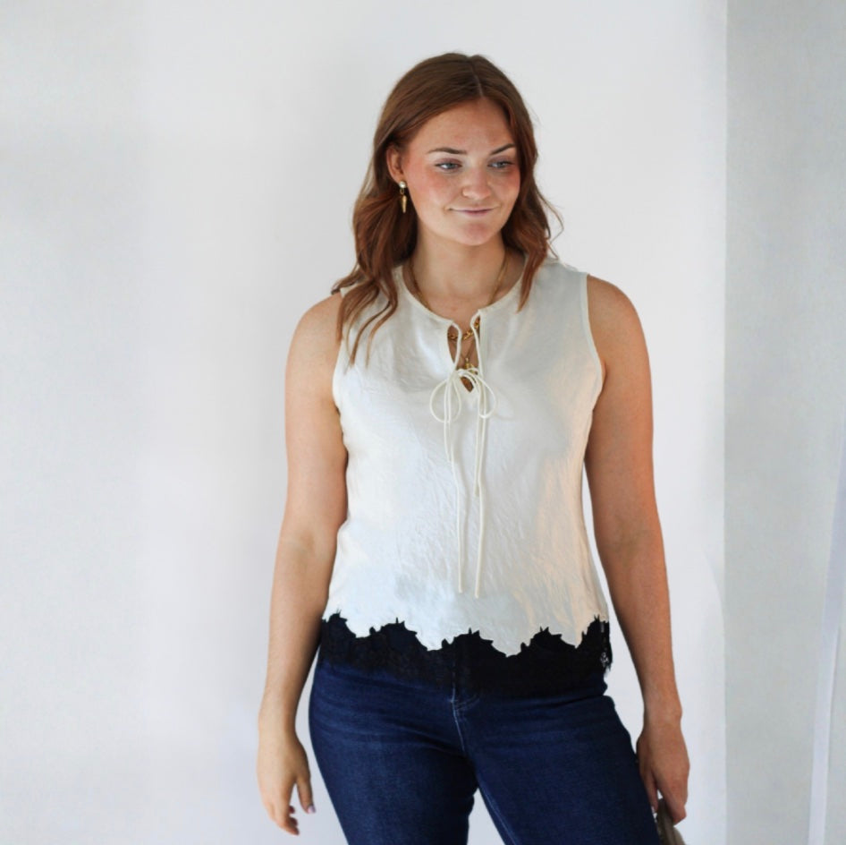 Merida Black Satin Lace Trim Sleeveless Blouse