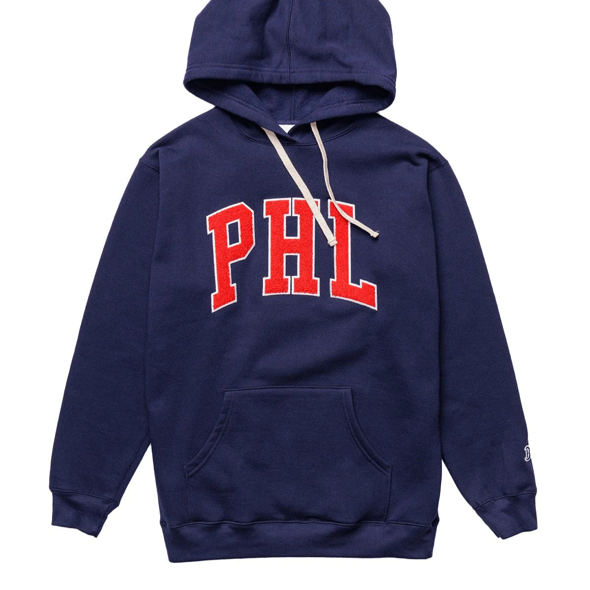 Navy blue PHL Chenille Hoodie with red embroidered letters, drawstring hood, and front pocket