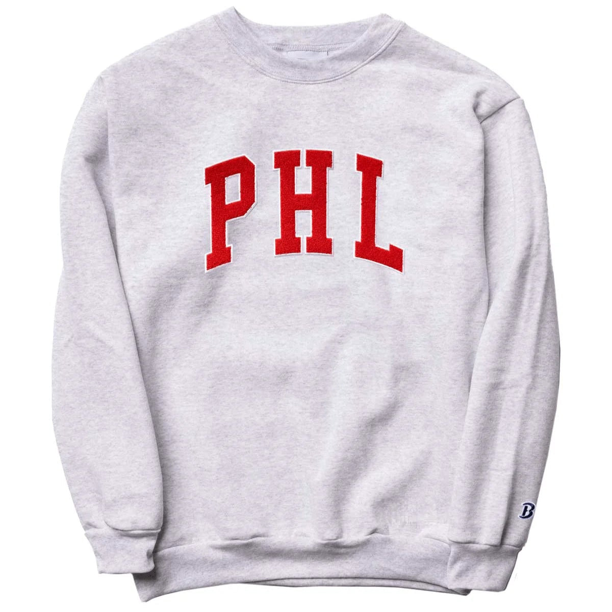 Light gray crewneck sweatshirt with red chenille PHL lettering for Philadelphia sports fans Main image