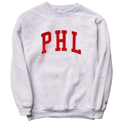 Light gray crewneck sweatshirt with red chenille PHL lettering for Philadelphia sports fans
