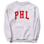 Light gray crewneck sweatshirt with red chenille PHL lettering for Philadelphia sports fans