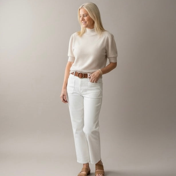 Mock Neck Bubble Shoulder Sleeve Knit Top