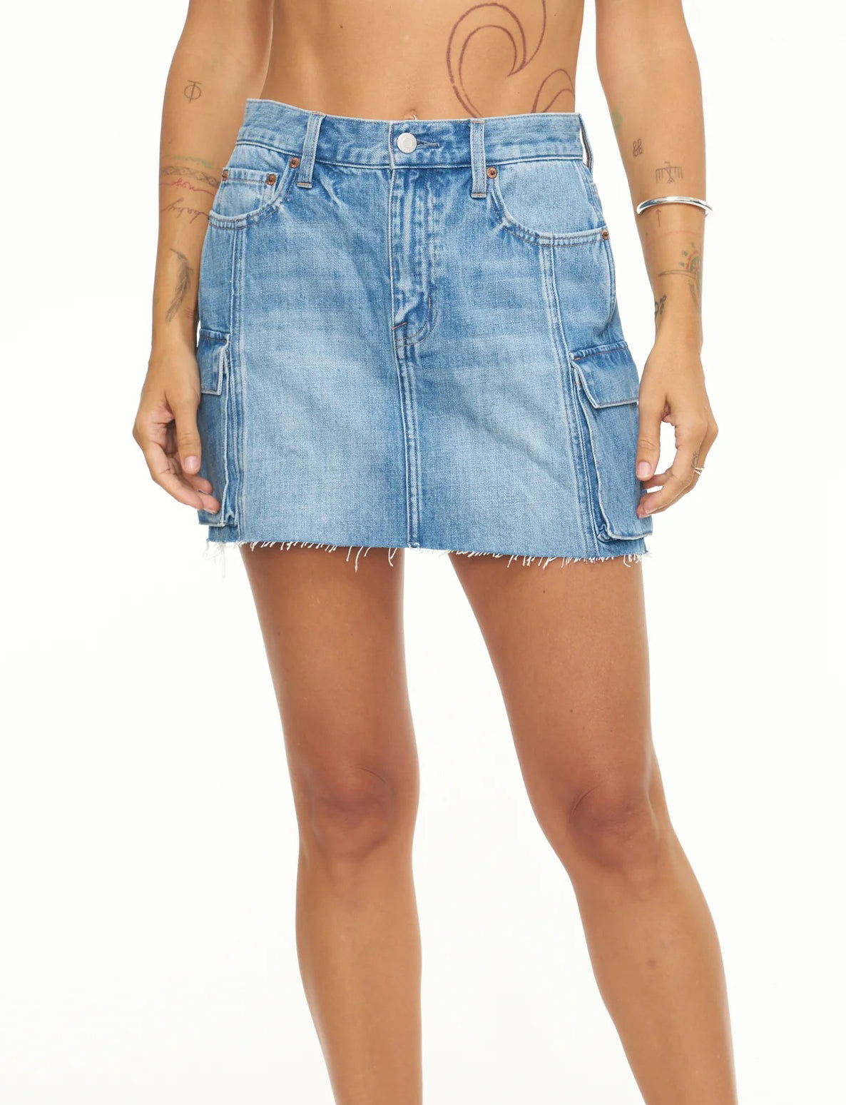 Green Mid Rise Cargo Mini Denim Skirt