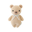 Knitted teddy bear with a blue bow on a white background