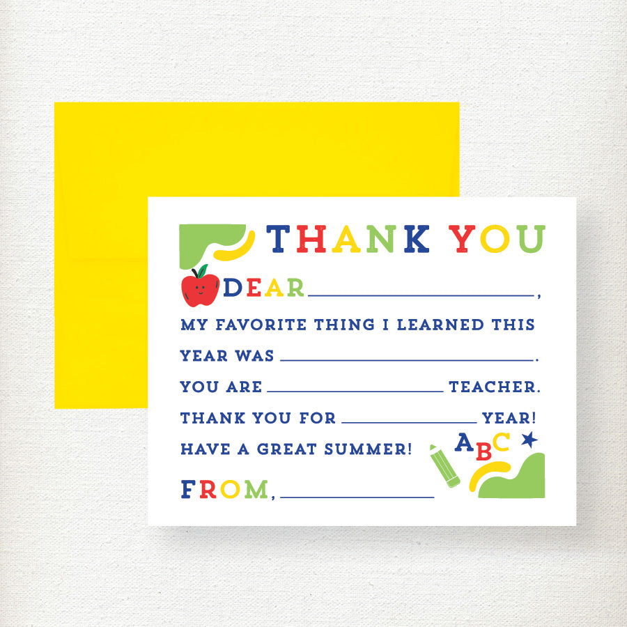 Colorful fill-in thank you card for teachers with apple and school-themed graphics, yellow envelope included Main image