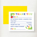 Colorful fill-in thank you card for teachers with apple and school-themed graphics, yellow envelope included