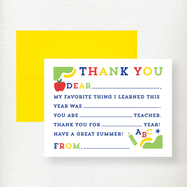 Colorful fill-in thank you card for teachers with apple and school-themed graphics, yellow envelope included Main image