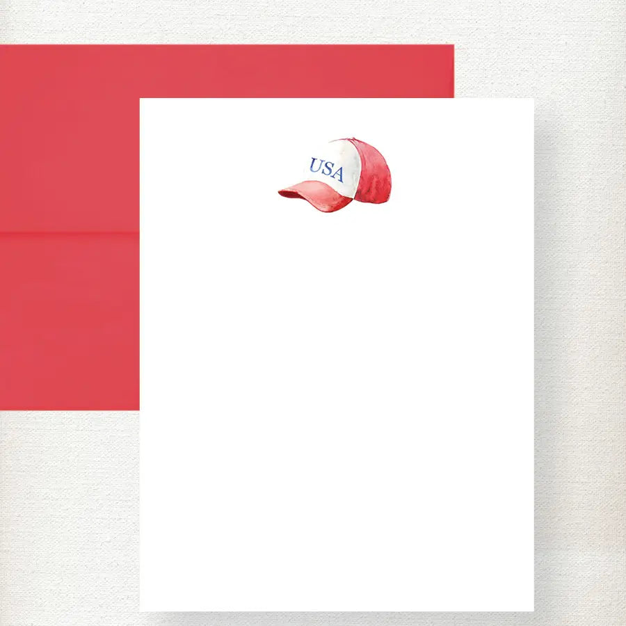 Red USA baseball cap design on white flat note card with matching red envelope Main image