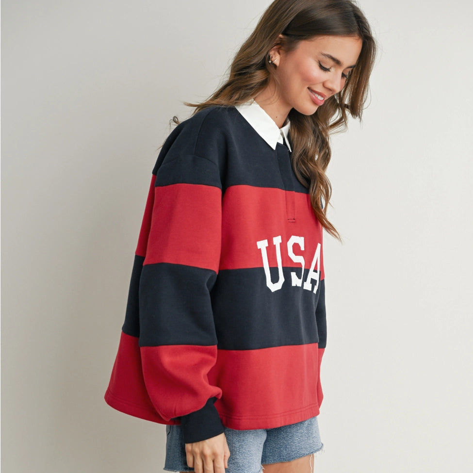 USA Striped Collared Long Sleeve Top