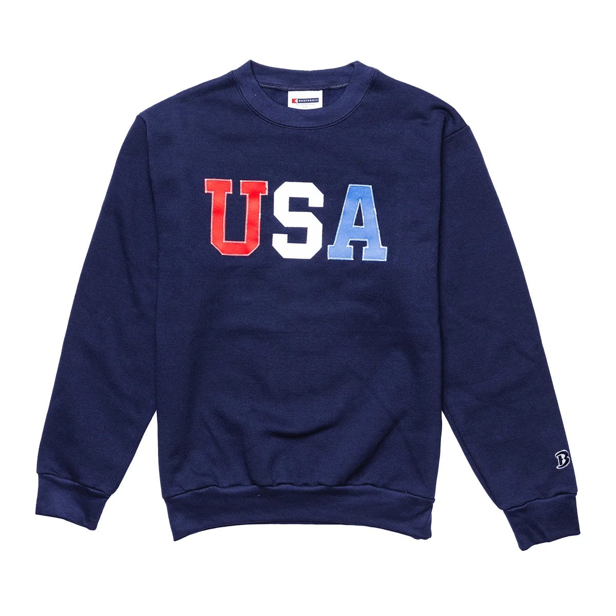 Navy crewneck sweatshirt with red, white, and blue USA graphic text design Main image