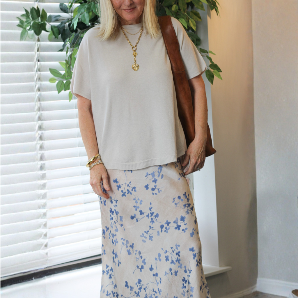 Clover Floral Leaf Print Silky Maxi Skirt