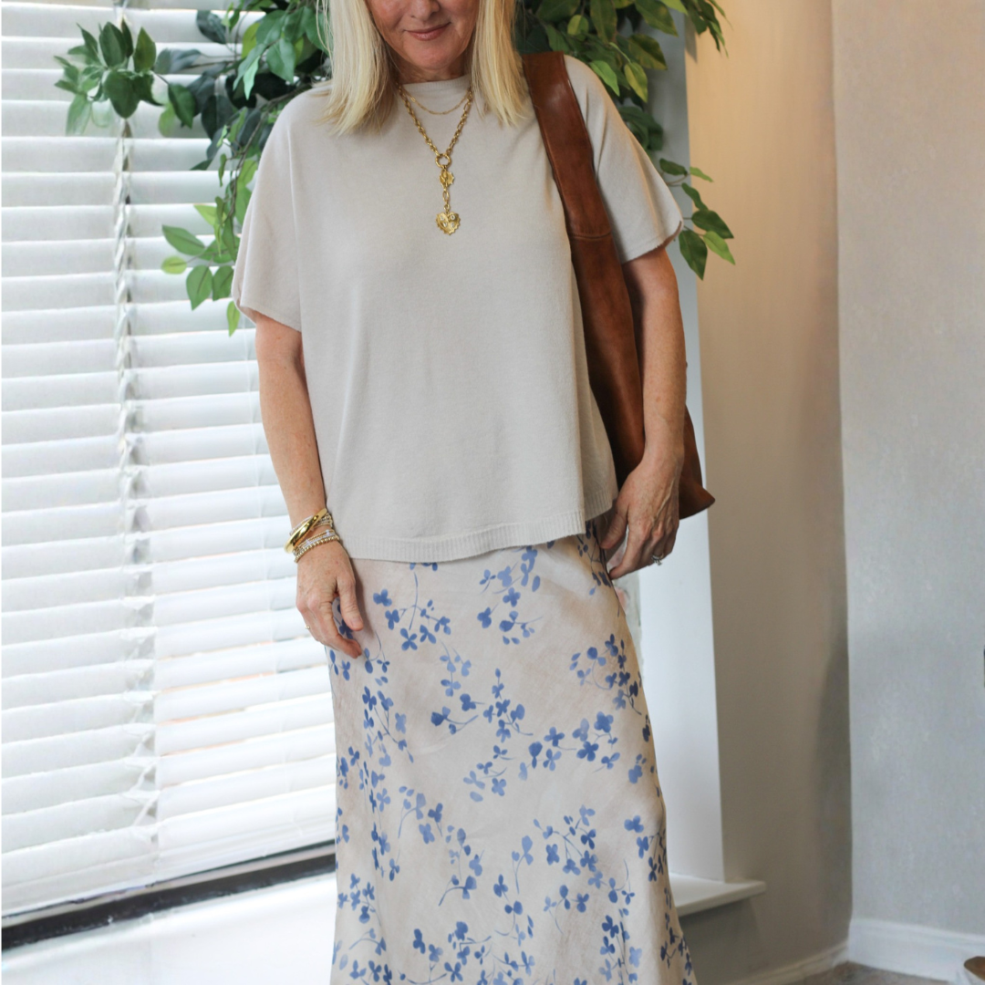 Clover Floral Leaf Print Silky Maxi Skirt