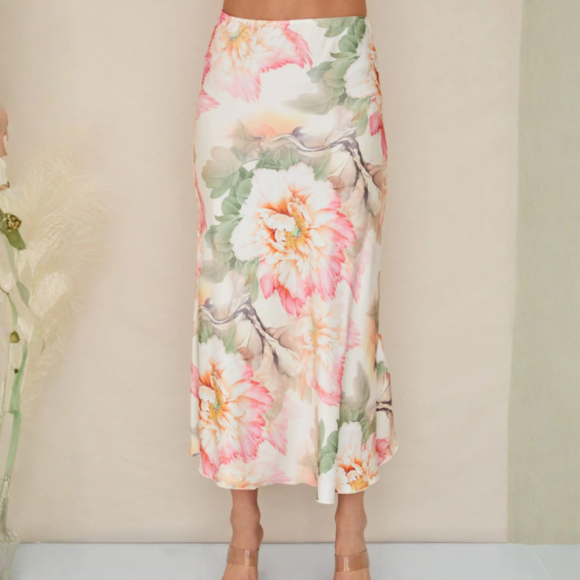 Watercolor Peony Print Skirt