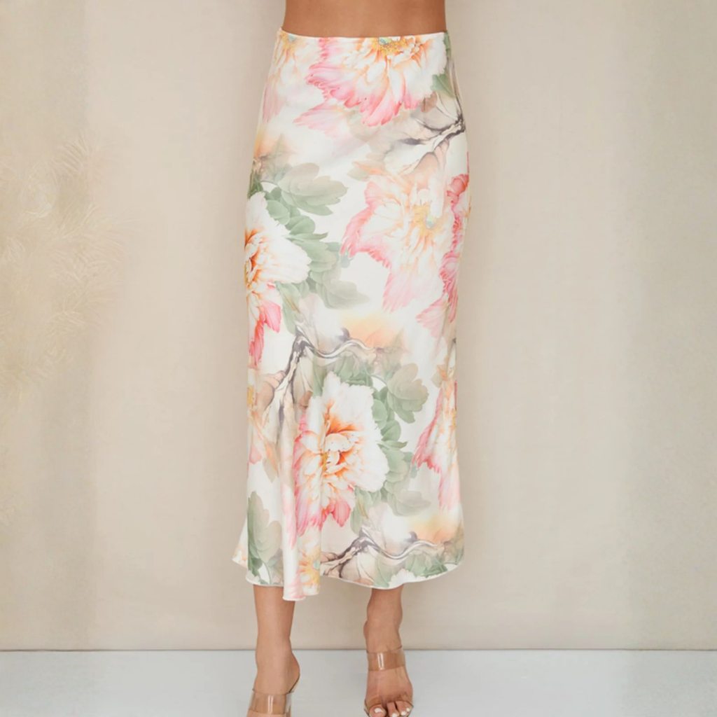 Watercolor Peony Print Skirt