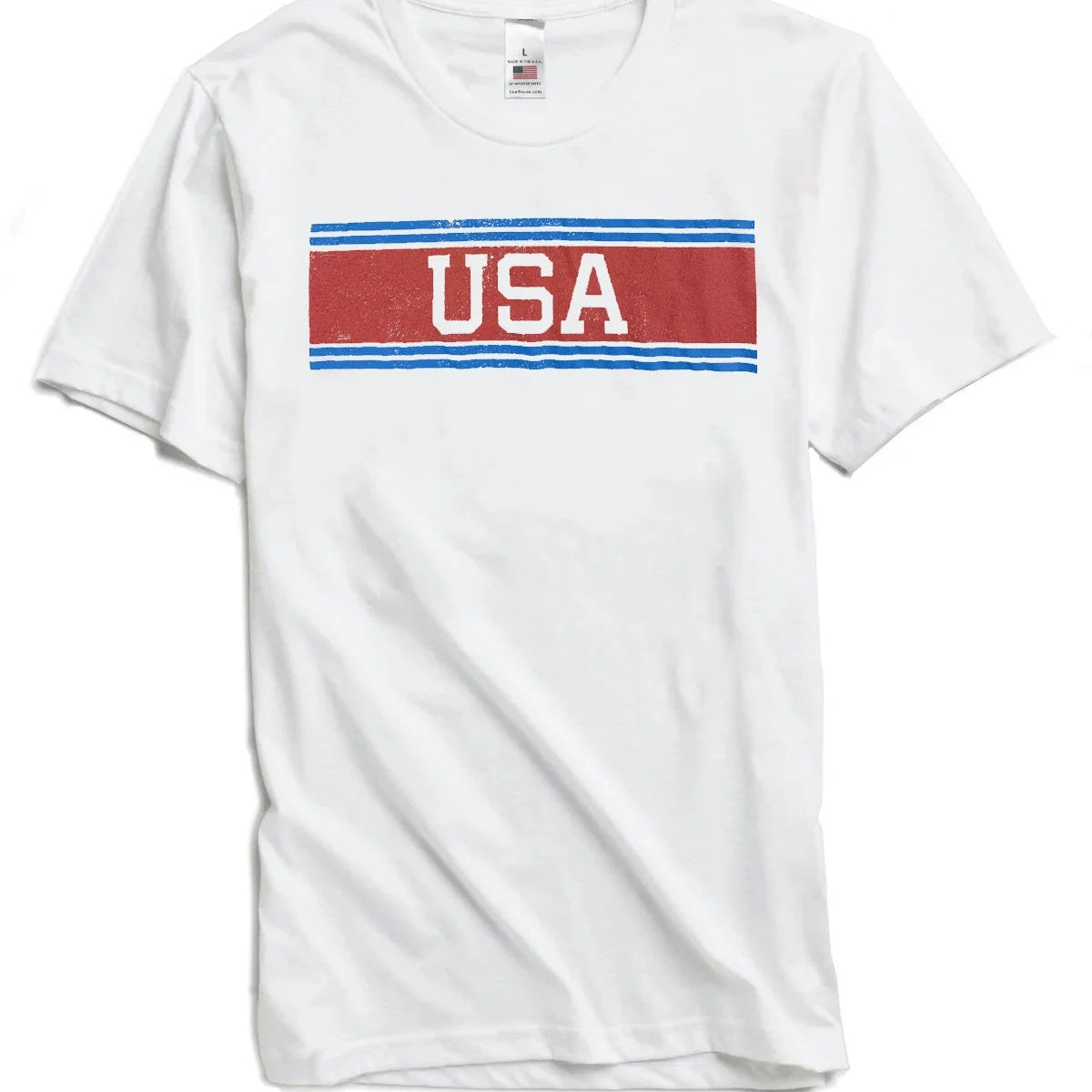 White cotton short sleeve t-shirt with red and blue USA graphic design featuring horizontal stripes