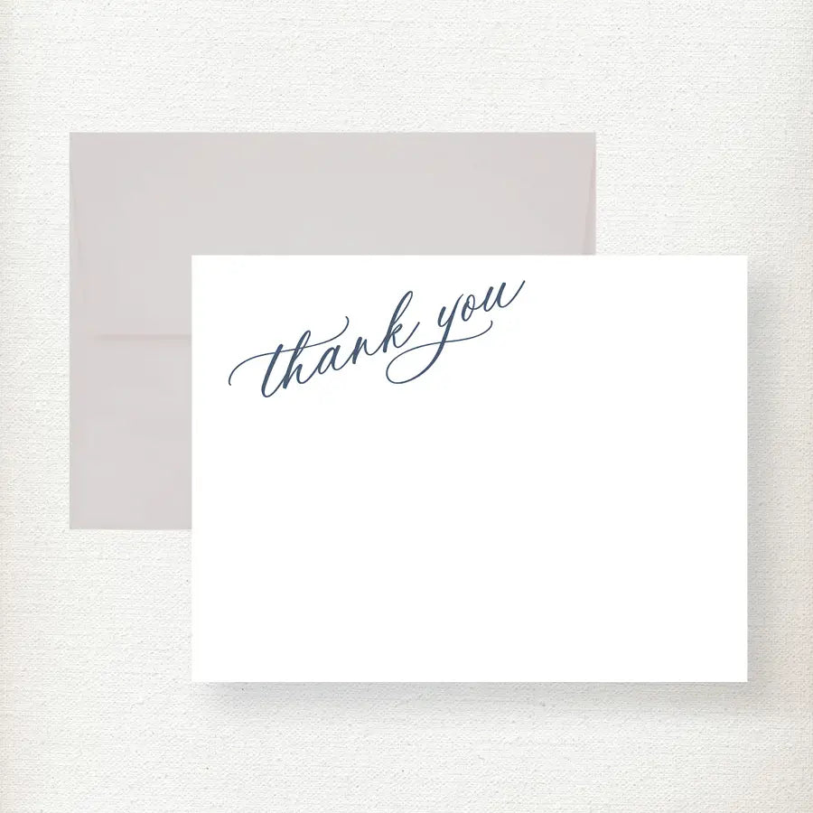 Kramer Drive Angled Thank You Note Card with cursive script and gray envelope on textured background