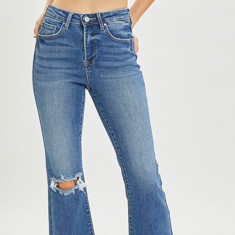 Risen High Rise Distressed Ankle Flare Jeans