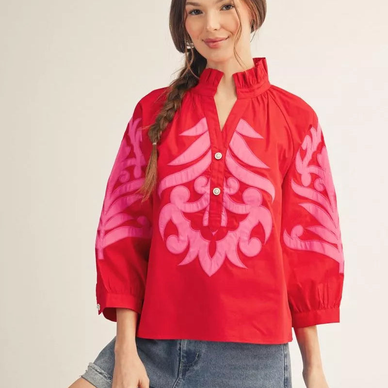 Applique Ruffle Neck Top Main image