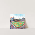 Watercolor illustration of Citizens Bank Park baseball stadium with Philadelphia Phillies signage, green field, and packed r…