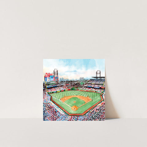 Watercolor illustration of Citizens Bank Park baseball stadium with Philadelphia Phillies signage, green field, and packed r…