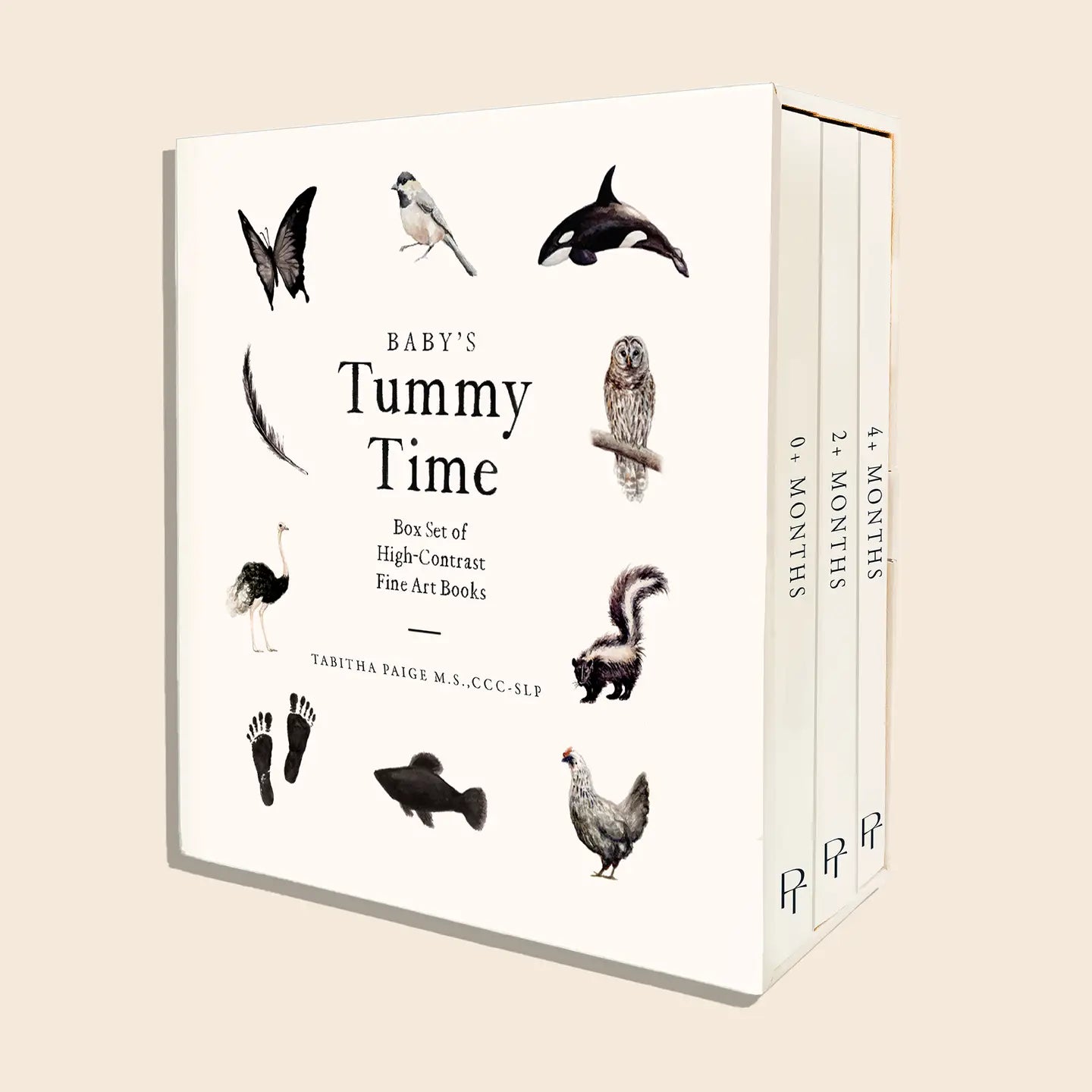 Baby's Tummy Time Box Set showing three board books with high-contrast illustrations of animals including butterfly, bird, o…