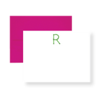 Bamboo Initial Note Card Set with magenta border frame and green letter R monogram on white card
